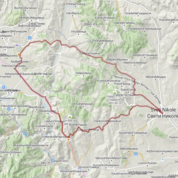Map miniature of "Off-Road Gravel Adventure" cycling inspiration in Severna Makedonija, Macedonia. Generated by Tarmacs.app cycling route planner