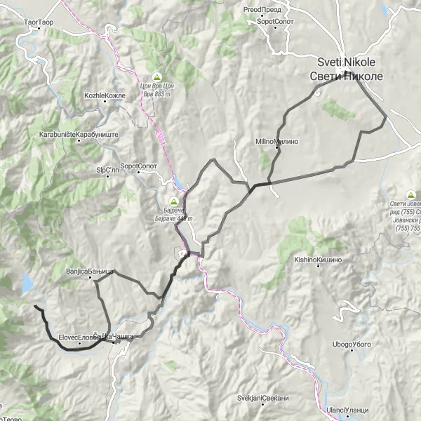 Map miniature of "Sveti Nikole Adventure" cycling inspiration in Severna Makedonija, Macedonia. Generated by Tarmacs.app cycling route planner