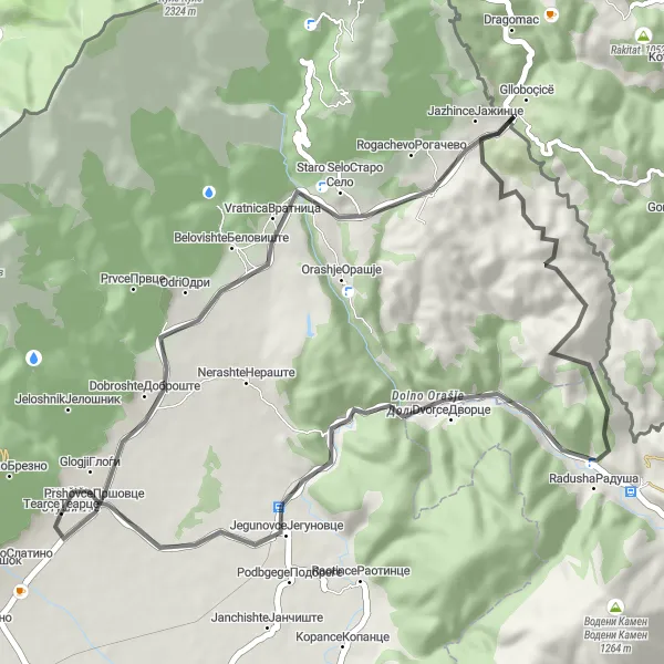 Map miniature of "Vratnica Loop" cycling inspiration in Severna Makedonija, Macedonia. Generated by Tarmacs.app cycling route planner