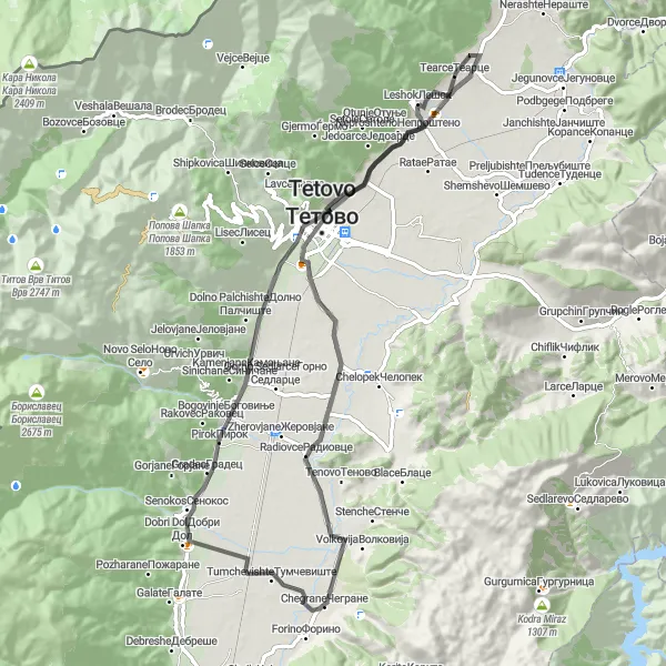 Map miniature of "Tetovo Adventure" cycling inspiration in Severna Makedonija, Macedonia. Generated by Tarmacs.app cycling route planner