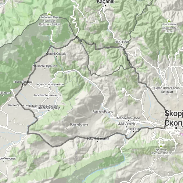 Map miniature of "Vizbegovo Circuit" cycling inspiration in Severna Makedonija, Macedonia. Generated by Tarmacs.app cycling route planner