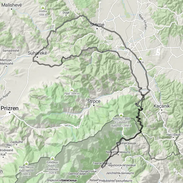 Map miniature of "Suharekë Adventure" cycling inspiration in Severna Makedonija, Macedonia. Generated by Tarmacs.app cycling route planner