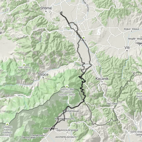 Map miniature of "Rogachevo - Nekodim Loop" cycling inspiration in Severna Makedonija, Macedonia. Generated by Tarmacs.app cycling route planner