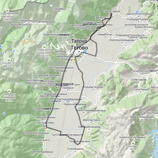 Map miniature of "Kalnik - Tetovo Circuit" cycling inspiration in Severna Makedonija, Macedonia. Generated by Tarmacs.app cycling route planner