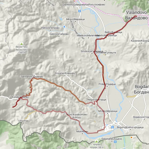 Map miniature of "Valandovo Gravel Adventure" cycling inspiration in Severna Makedonija, Macedonia. Generated by Tarmacs.app cycling route planner