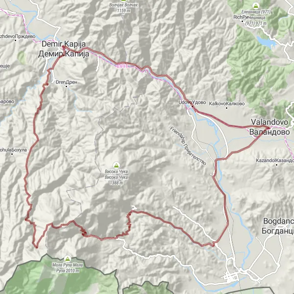 Map miniature of "Valandovo - Marvinci - Negorci - Konsko - Drachevica - Demir Kapija - Udovo - Valandovo" cycling inspiration in Severna Makedonija, Macedonia. Generated by Tarmacs.app cycling route planner