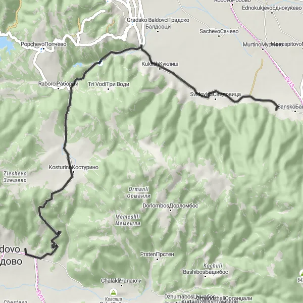 Map miniature of "Valandovo and Svidovica Loop" cycling inspiration in Severna Makedonija, Macedonia. Generated by Tarmacs.app cycling route planner