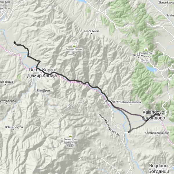 Map miniature of "Valandovo to Udovo Loop" cycling inspiration in Severna Makedonija, Macedonia. Generated by Tarmacs.app cycling route planner