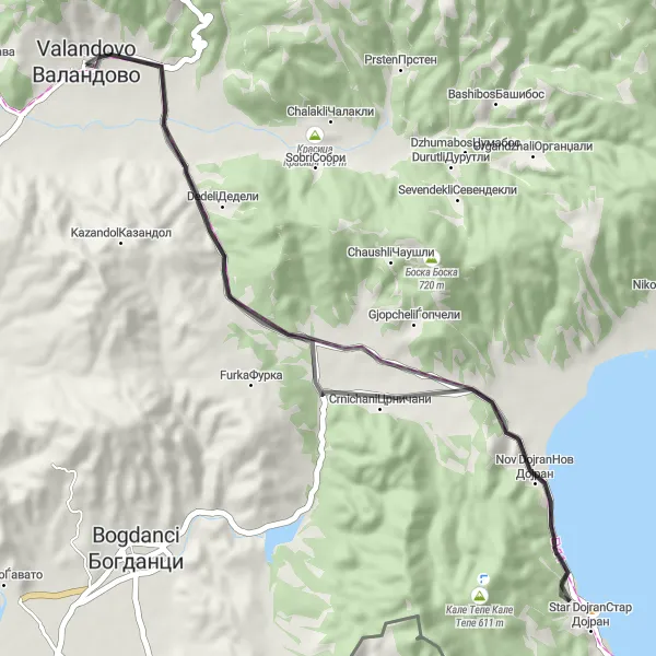 Map miniature of "Valandovo to Star Dojran" cycling inspiration in Severna Makedonija, Macedonia. Generated by Tarmacs.app cycling route planner