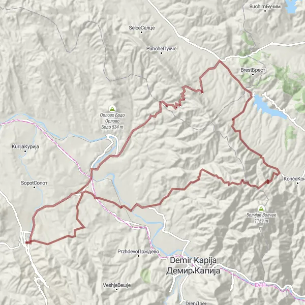 Map miniature of "The Negotino Trail" cycling inspiration in Severna Makedonija, Macedonia. Generated by Tarmacs.app cycling route planner