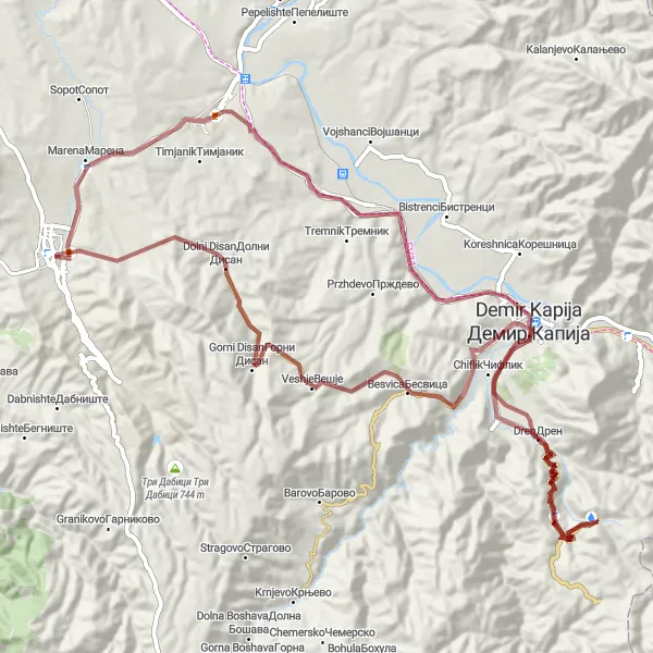 Map miniature of "The Gravel Adventure" cycling inspiration in Severna Makedonija, Macedonia. Generated by Tarmacs.app cycling route planner