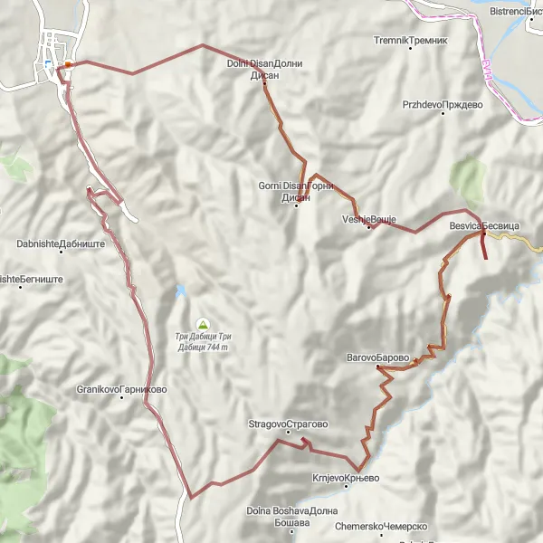 Map miniature of "Vataša - Dolni Disan - Besvica - Barovo - Stragovo - Крстот - Kavadarci Gravel Route" cycling inspiration in Severna Makedonija, Macedonia. Generated by Tarmacs.app cycling route planner