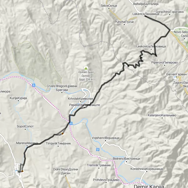 Map miniature of "The Krivolak Loop" cycling inspiration in Severna Makedonija, Macedonia. Generated by Tarmacs.app cycling route planner