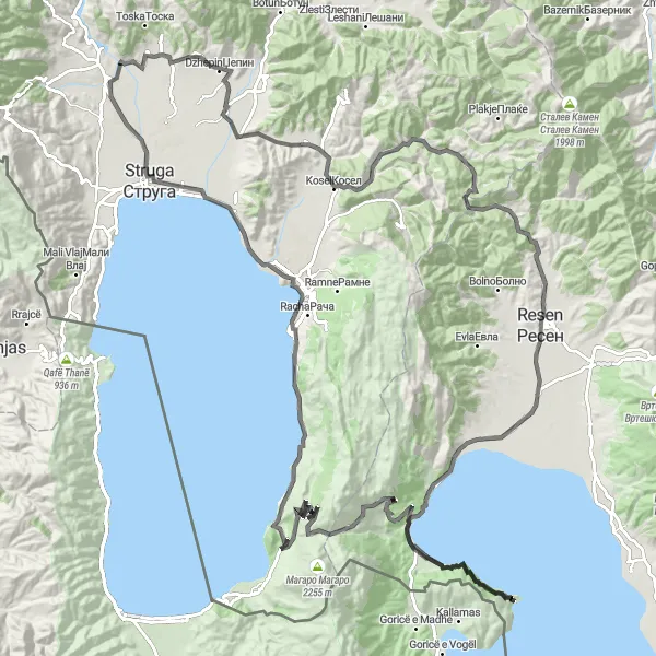 Map miniature of "Ohrid Lake Grand Tour" cycling inspiration in Severna Makedonija, Macedonia. Generated by Tarmacs.app cycling route planner