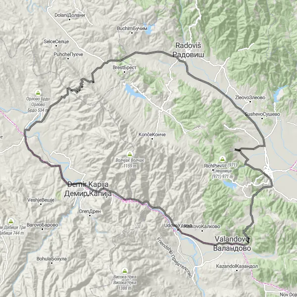 Map miniature of "Valandovo - Demir Kapija Epic Ride" cycling inspiration in Severna Makedonija, Macedonia. Generated by Tarmacs.app cycling route planner