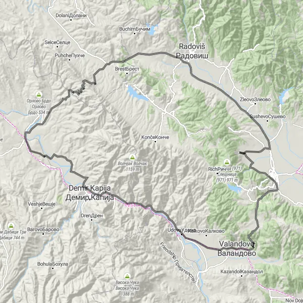 Map miniature of "Valandovo - Vladevci Circuit" cycling inspiration in Severna Makedonija, Macedonia. Generated by Tarmacs.app cycling route planner