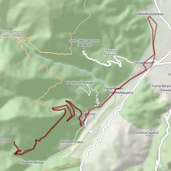 Map miniature of "Discovering the Gravel Roads of Vrapčište" cycling inspiration in Severna Makedonija, Macedonia. Generated by Tarmacs.app cycling route planner
