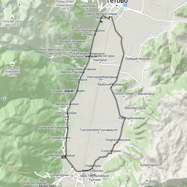 Map miniature of "Exploring Gostivar's Road Cycling Routes" cycling inspiration in Severna Makedonija, Macedonia. Generated by Tarmacs.app cycling route planner