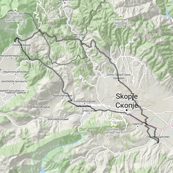 Map miniature of "Vratnica Adventure - Exploring Nature and History" cycling inspiration in Severna Makedonija, Macedonia. Generated by Tarmacs.app cycling route planner