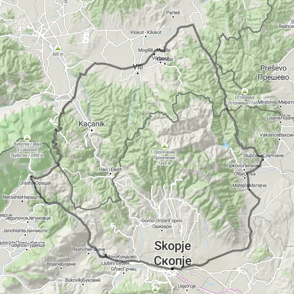 Map miniature of "Vratnica - Glloboçicë - Mali Tupan - Gërmovë - Mogillë - Mogila - Pika e Gurit - Матејче - Havanska 4 - Vlae - Rudnik Radusha - Orashje" cycling inspiration in Severna Makedonija, Macedonia. Generated by Tarmacs.app cycling route planner