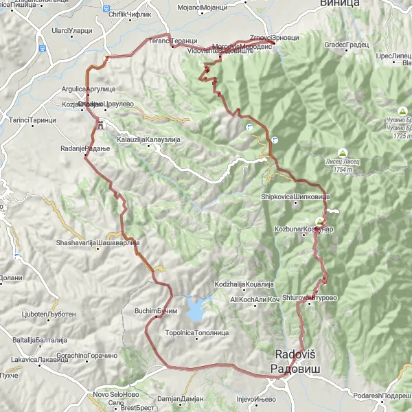 Map miniature of "Buchim Gravel Adventure" cycling inspiration in Severna Makedonija, Macedonia. Generated by Tarmacs.app cycling route planner