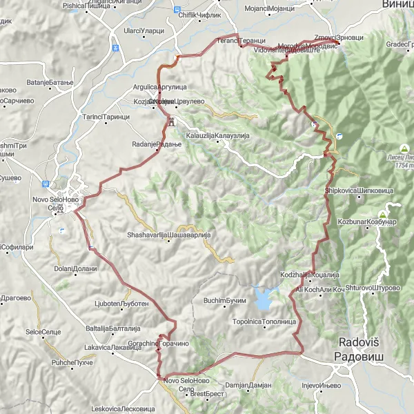 Map miniature of "Gravel Adventure - Stip Circuit" cycling inspiration in Severna Makedonija, Macedonia. Generated by Tarmacs.app cycling route planner