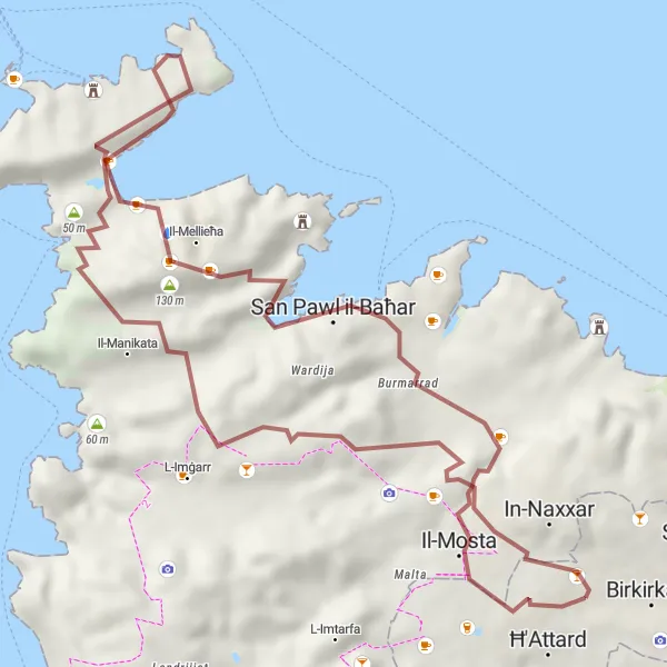 Map miniature of "Rugged gravel trail with captivating viewpoints" cycling inspiration in Malta, Malta. Generated by Tarmacs.app cycling route planner