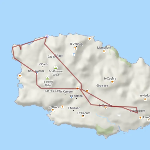 Map miniature of "Għajnsielem Gravel Explorer" cycling inspiration in Malta, Malta. Generated by Tarmacs.app cycling route planner