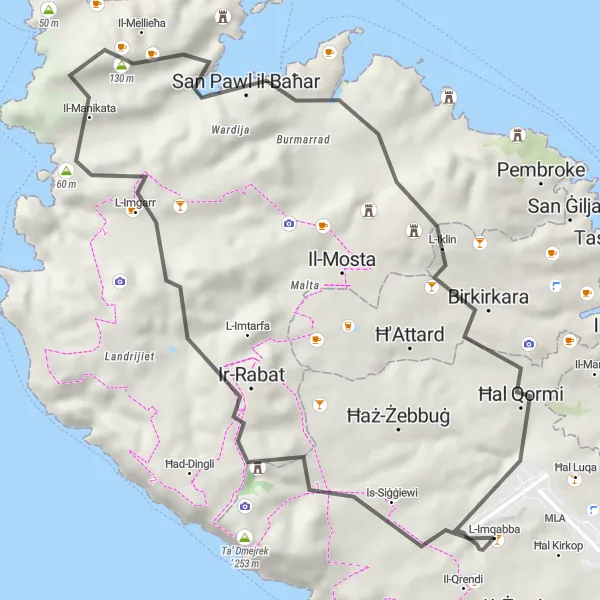 Map miniature of "Scenic Road Cycling to Siġġiewi and Saint Paul's Bay" cycling inspiration in Malta, Malta. Generated by Tarmacs.app cycling route planner