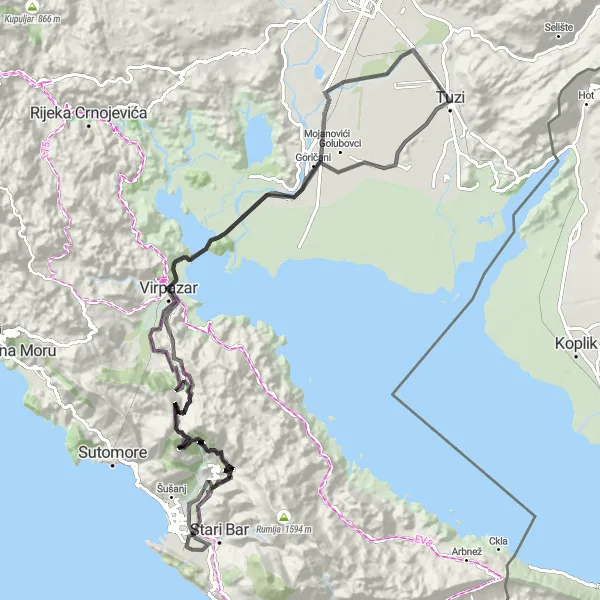 Map miniature of "Kosa and Burtaiši Loop" cycling inspiration in Crna Gora, Montenegro. Generated by Tarmacs.app cycling route planner