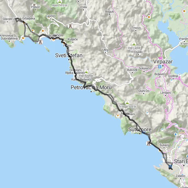 Map miniature of "Ultimate Coastal Adventure" cycling inspiration in Crna Gora, Montenegro. Generated by Tarmacs.app cycling route planner