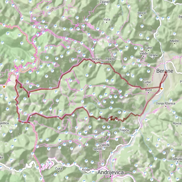 Map miniature of "Berane - Vjeternik - Kršnjata glava - Orlji krši - Jasikovac - Berane" cycling inspiration in Crna Gora, Montenegro. Generated by Tarmacs.app cycling route planner
