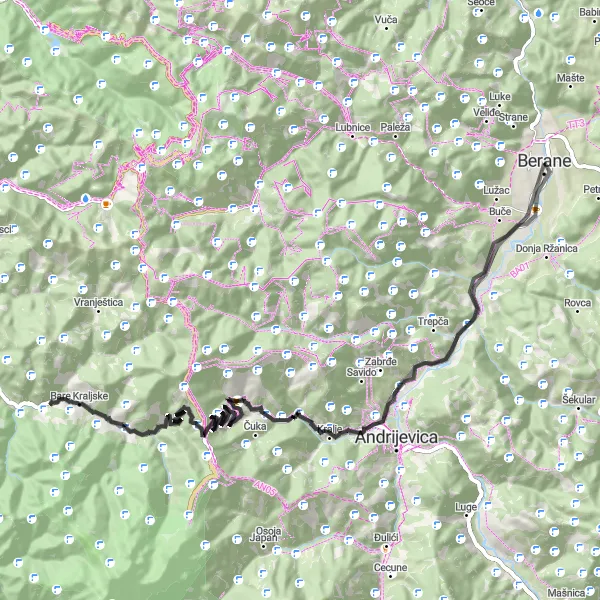 Map miniature of "Berane - Vidikovac - Trešnjevik - Jasikovac - Berane" cycling inspiration in Crna Gora, Montenegro. Generated by Tarmacs.app cycling route planner