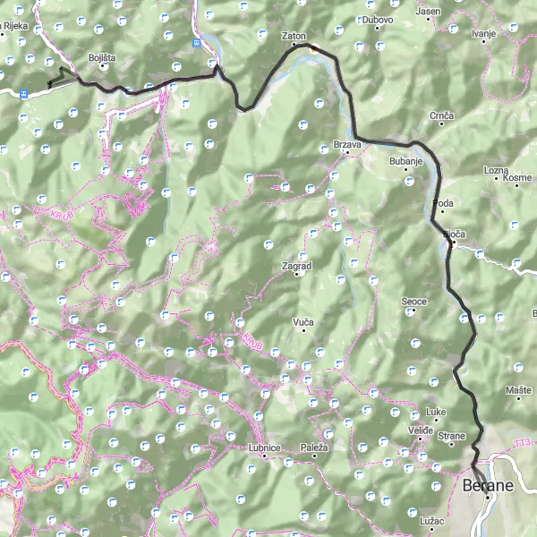 Map miniature of "Berane - Ostri - Strmac - Kljunača - Jasikovac - Berane" cycling inspiration in Crna Gora, Montenegro. Generated by Tarmacs.app cycling route planner