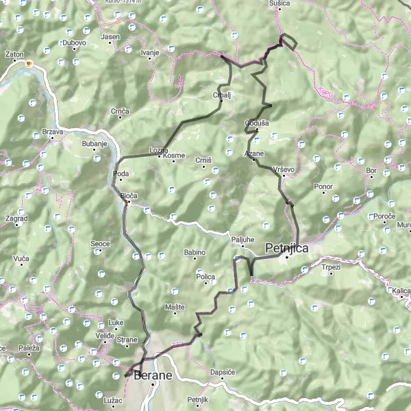 Map miniature of "Bogomolja Loop" cycling inspiration in Crna Gora, Montenegro. Generated by Tarmacs.app cycling route planner