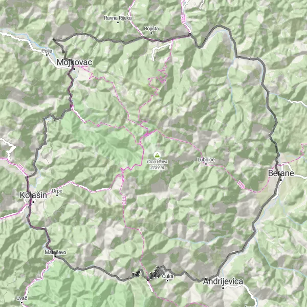 Map miniature of "Kolašin Adventure" cycling inspiration in Crna Gora, Montenegro. Generated by Tarmacs.app cycling route planner