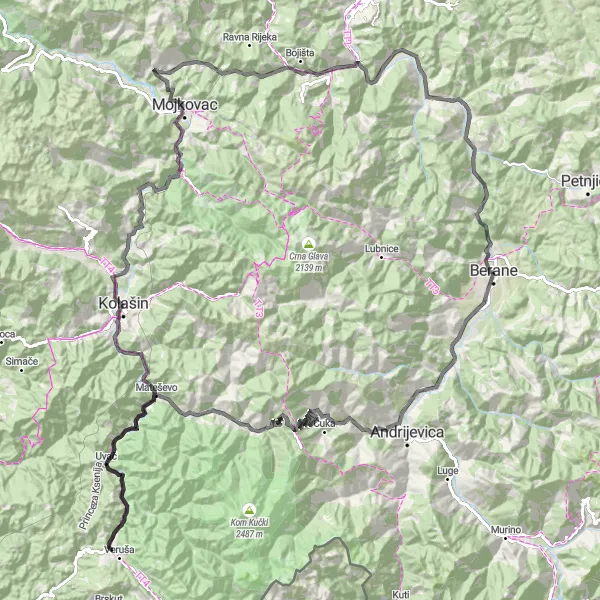 Map miniature of "Berane - Vidikovac - Trešnjevik - Kriva - Kordina kosa - Kolašin - Karova kosa - Mojkovac - Paljika - Ostri" cycling inspiration in Crna Gora, Montenegro. Generated by Tarmacs.app cycling route planner