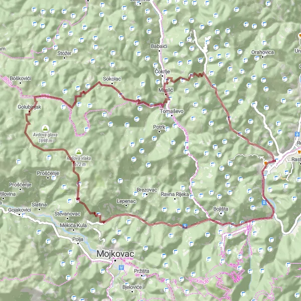 Map miniature of "Gravel Adventure to Žute Kose" cycling inspiration in Crna Gora, Montenegro. Generated by Tarmacs.app cycling route planner