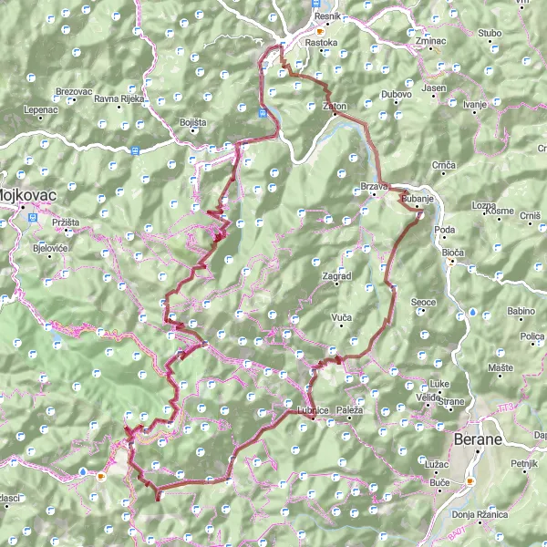 Map miniature of "Gravel Adventure from Bijelo Polje" cycling inspiration in Crna Gora, Montenegro. Generated by Tarmacs.app cycling route planner