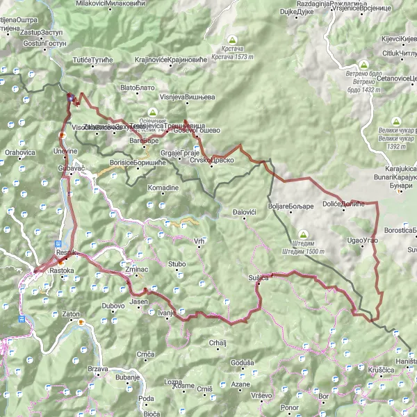 Map miniature of "Gravel Adventure through the Heart of Montenegro" cycling inspiration in Crna Gora, Montenegro. Generated by Tarmacs.app cycling route planner