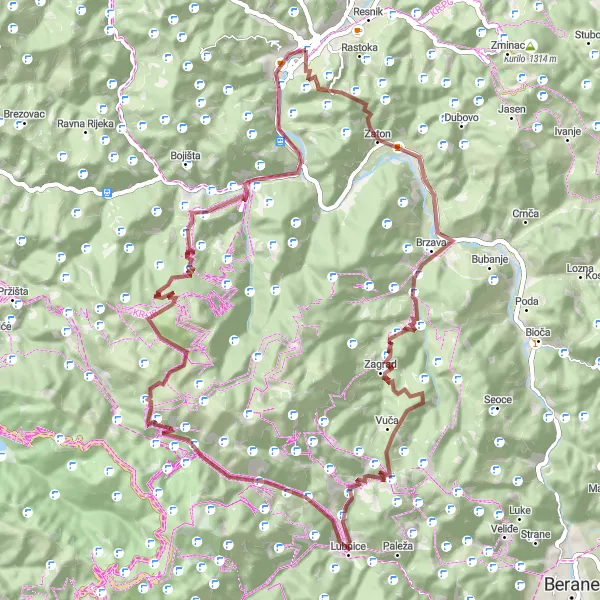 Map miniature of "The Quick Gravel Spin" cycling inspiration in Crna Gora, Montenegro. Generated by Tarmacs.app cycling route planner