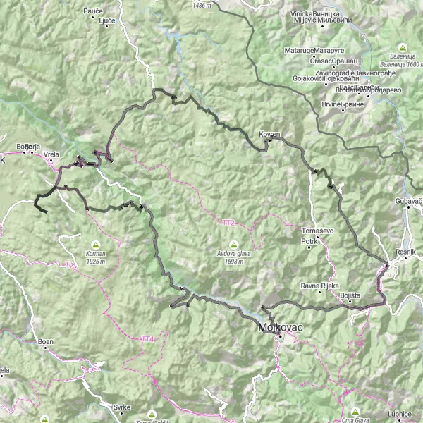 Map miniature of "Mojkovac and Tara Loop" cycling inspiration in Crna Gora, Montenegro. Generated by Tarmacs.app cycling route planner