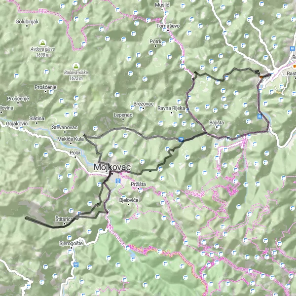 Map miniature of "Bijelo Polje to Mojkovac Loop" cycling inspiration in Crna Gora, Montenegro. Generated by Tarmacs.app cycling route planner