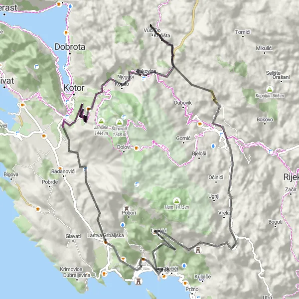 Map miniature of "Budva to Špadijerski Vrh Gravel Adventure" cycling inspiration in Crna Gora, Montenegro. Generated by Tarmacs.app cycling route planner