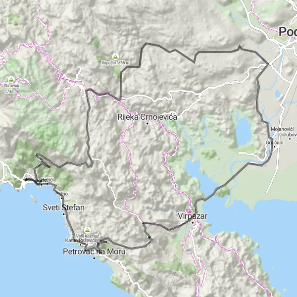 Map miniature of "Budva to Virpazar Hill Climb" cycling inspiration in Crna Gora, Montenegro. Generated by Tarmacs.app cycling route planner