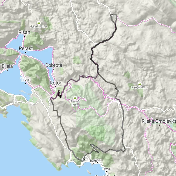 Map miniature of "The Coast and Mountains Ride" cycling inspiration in Crna Gora, Montenegro. Generated by Tarmacs.app cycling route planner