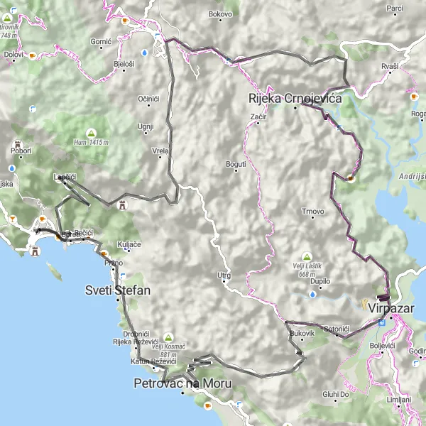 Map miniature of "Budva Circular Road Ride with Stunning Views" cycling inspiration in Crna Gora, Montenegro. Generated by Tarmacs.app cycling route planner