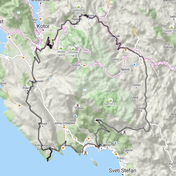 Map miniature of "Cetinje to Cetinje: Coastline and Countryside Tour" cycling inspiration in Crna Gora, Montenegro. Generated by Tarmacs.app cycling route planner