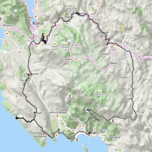 Map miniature of "Cetinje to Cetinje: Classic Montenegrin Loop" cycling inspiration in Crna Gora, Montenegro. Generated by Tarmacs.app cycling route planner