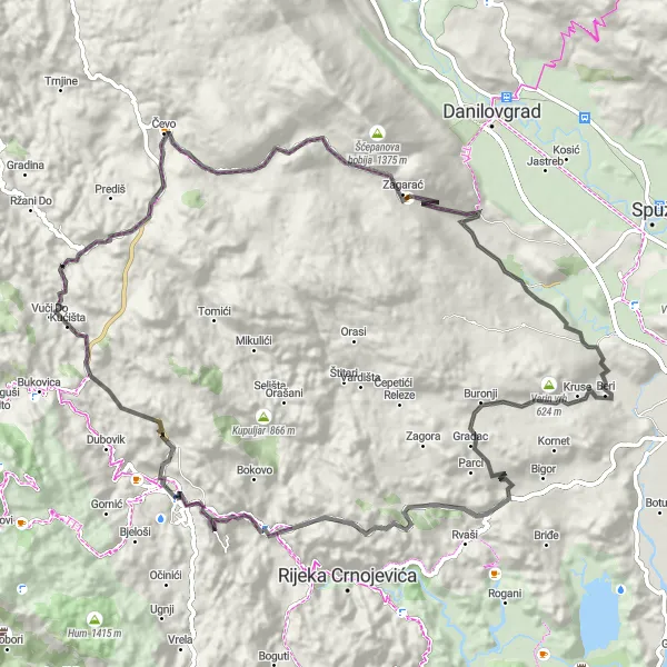 Map miniature of "Cetinje to Cetinje: Coastal and Mountain Adventure" cycling inspiration in Crna Gora, Montenegro. Generated by Tarmacs.app cycling route planner